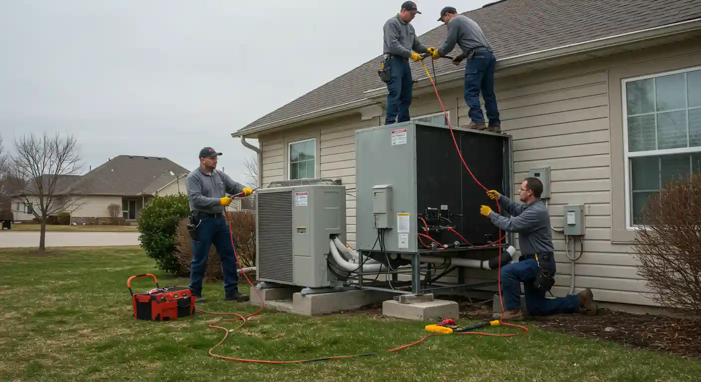 Three male HVAC technicians are working on a residential heating and cooling system on a cloudy day. Two technicians are on the roof or on top of a large grey outdoor unit, handling what appears to be heavy gauge electrical wiring or refrigerant lines. The third technician is kneeling on the ground next to the unit, also working with the lines. Another outdoor condensing unit is visible next to the larger unit. A red toolbox and additional tools are on the grassy lawn. The house has light-colored siding, and other residential buildings are visible in the background.