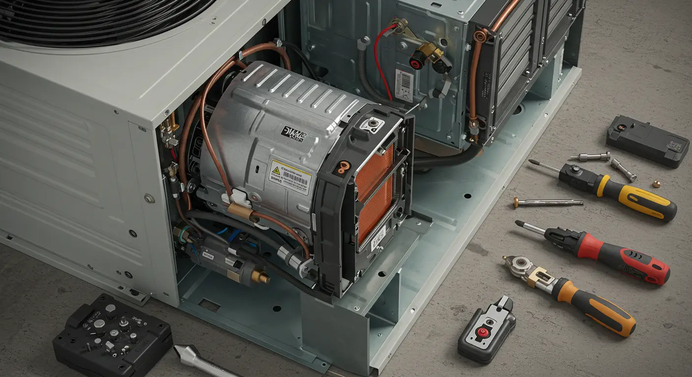  A detailed, high-angle shot reveals the internal components of an outdoor HVAC unit undergoing repair or maintenance. 