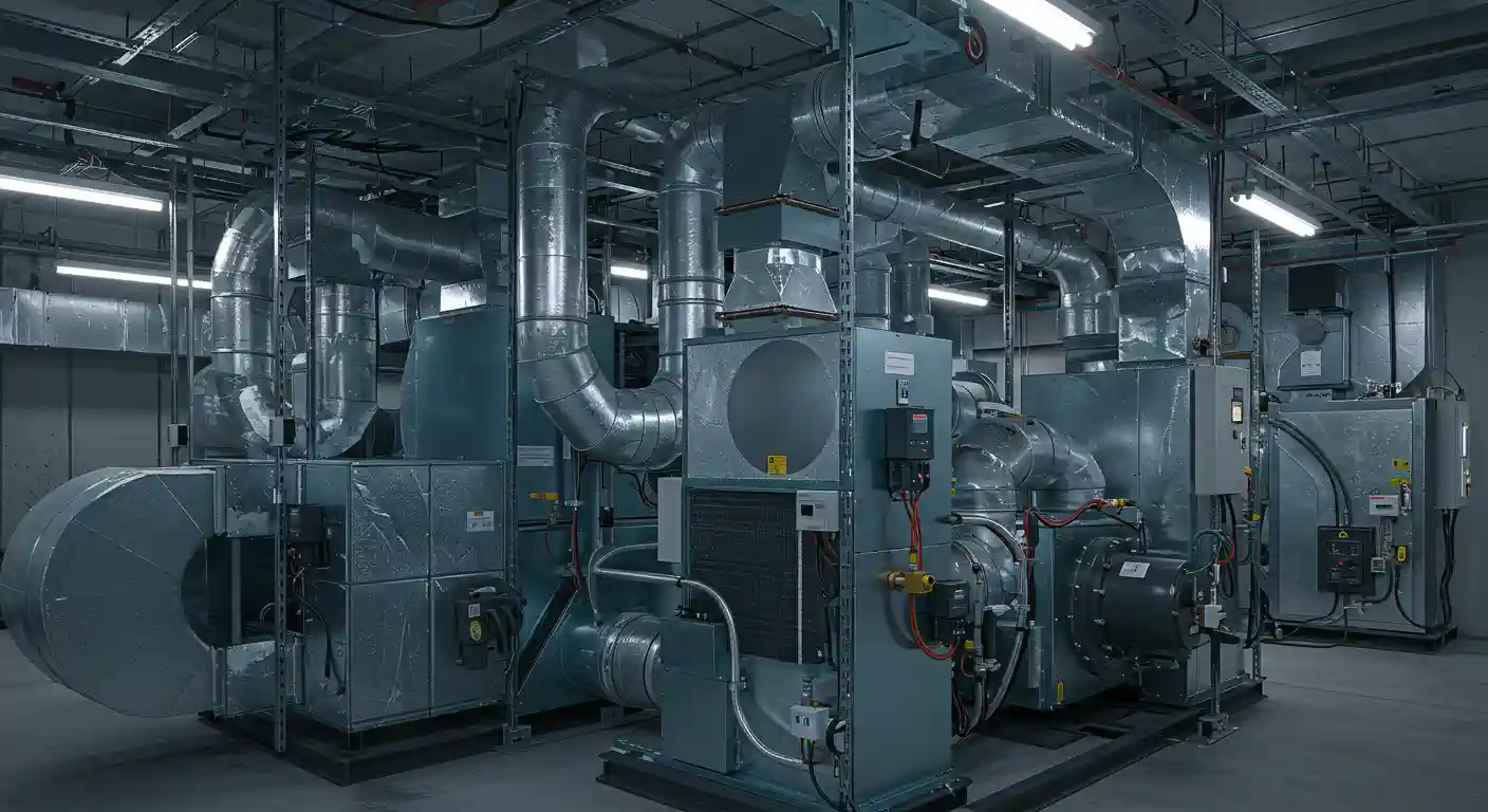 A vast, industrial mechanical room is filled with an intricate network of large, cylindrical and rectangular metallic ducts, characteristic of a robust HVAC