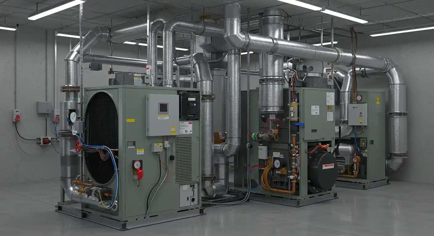  A clean, industrial mechanical room houses a robust central HVAC system, featuring multiple large, grey air handling units connected by extensive silver metallic ductwork.
