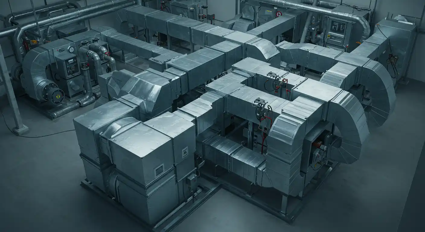  An overhead or high-angle view reveals a complex and expansive network of metallic HVAC (Heating, Ventilation, and Air Conditioning) ductwork and machinery within a large industrial or commercial building. Large, rectangular, and cylindrical silver ducts intersect and intertwine, forming an intricate system across the concrete floor and extending towards the ceiling. Several large air handling units are integrated into the ductwork, with various pipes, wires, and control panels visible on their surfaces. The room is well-lit, highlighting the robust and angular design of the ventilation system.