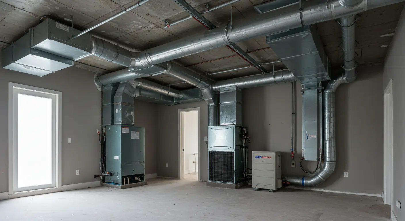  A newly installed commercial or large residential HVAC (Heating, Ventilation, and Air Conditioning) system is featured in a spacious room with grey walls and a raw concrete ceiling