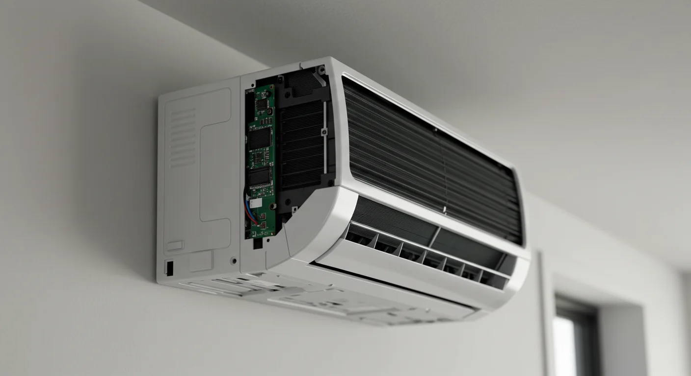  A white, modern ductless mini-split air conditioning unit is mounted on a light-colored wall. The unit is partially disassembled on its left side, revealing a green circuit board with various electronic components and wiring, suggesting it is either being installed, serviced, or repaired. The front of the unit features black horizontal louvers. The background shows a continuation of the light wall and a glimpse of a window frame on the right.