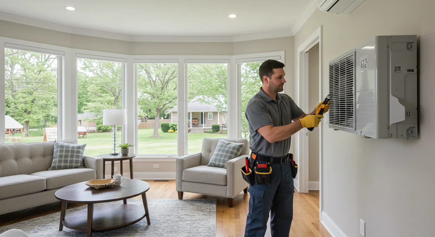  A male technician, dressed in a grey polo shirt, dark trousers, and a tool belt, is actively working on a white, wall-mounted mini-split outdoor unit. He is wearing yellow gloves and holding a tool in his hands as he attends to the unit's grille. The scene is set in a bright, spacious living room with multiple large windows offering a view of a green suburban neighborhood. The room is furnished with a light-colored sofa, an armchair, a coffee table, and a patterned rug, creating a comfortable residential ambiance.