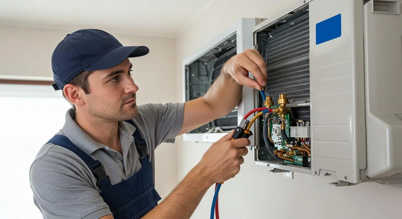 A male technician, wearing a grey polo shirt, blue overalls, and a dark blue baseball cap, is intently focused on installing or servicing a white wall-mounted mini-split air conditioning unit. He is holding a tool with colorful hoses (red, yellow, and blue) connected to a set of valves on the unit, suggesting he is working with the refrigerant lines. The internal components of the unit, including a circuit board and coils, are visible as the front panel is partially open. The background is a plain, light-colored wall.