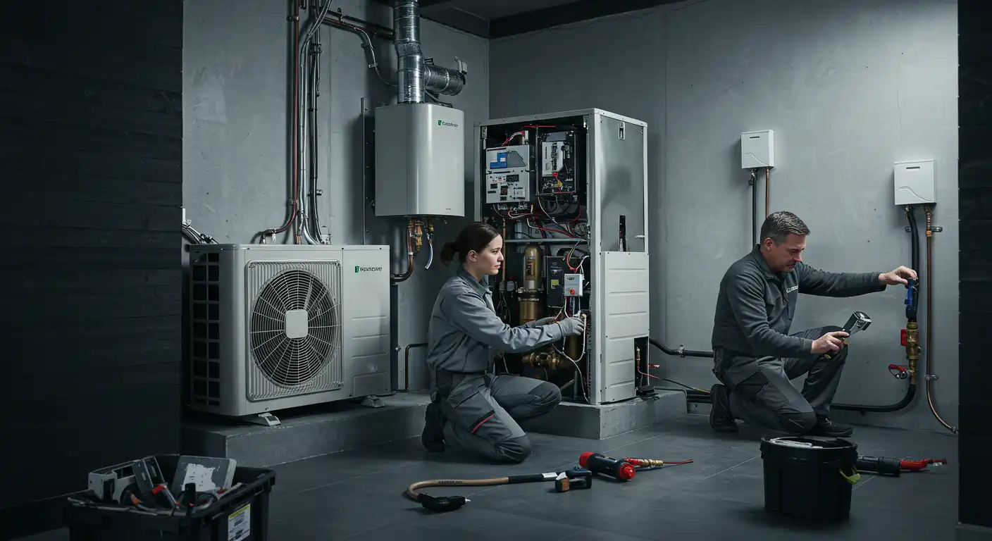 A female and male technician, both in work attire, are installing a heat pump system in a utility room. The female technician is kneeling and working on the internal components of a large, open unit, while the male technician is also kneeling and working on pipes connected to the wall. Various parts of the heat pump system, including an outdoor unit, indoor unit, and associated piping and wiring, are visible against the grey walls. Tools are scattered on the dark floor in the foreground.