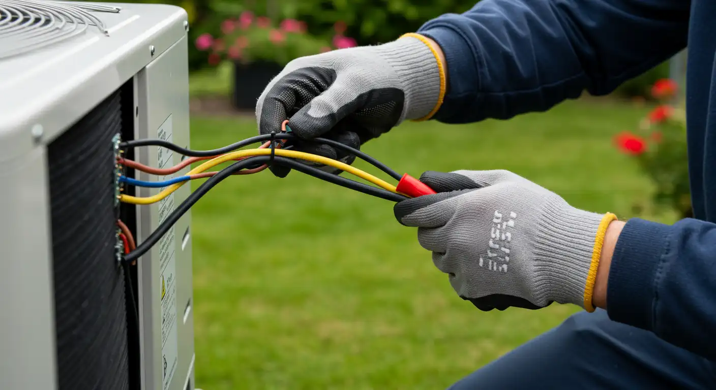  A close-up shot focuses on the gloved hands of a technician connecting electrical wires to an outdoor HVAC unit. The technician is wearing grey and black work gloves, and their hands are holding several colored wires (yellow, blue, black, and red) as they secure them to terminals on the side of the unit. The background is a blurred green lawn with hints of pink flowers, indicating an outdoor residential setting.