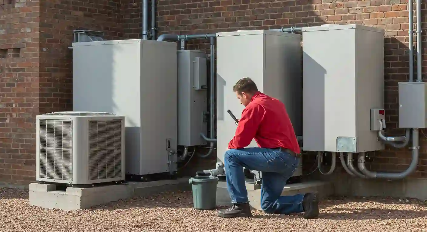 A technician in a red shirt and blue jeans kneels in front of a series of outdoor heat pump units installed against a brick building. He is holding a device and appears to be inspecting or working on one of the units. To the left, a traditional air conditioning condenser unit is also visible. The ground is covered with gravel.