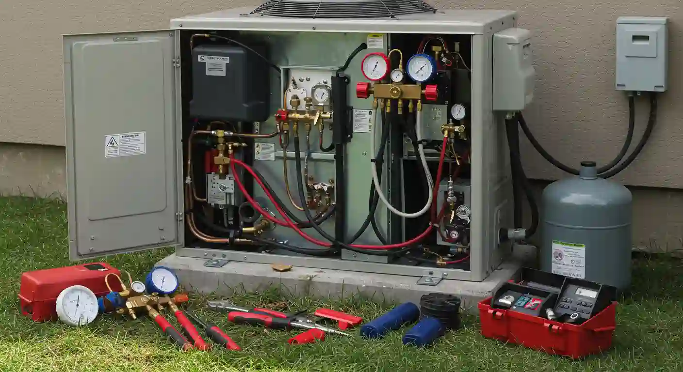  A large outdoor heat pump unit with its front panel open, revealing internal components such as copper pipes, electrical wiring, and gauges. The unit is installed on a concrete pad on grass. In the foreground, various tools for HVAC repair are laid out, including manifold gauges, wrenches, and a red toolbox with testing equipment. A grey tank and an electrical box are visible to the right of the unit against a light-colored wall.