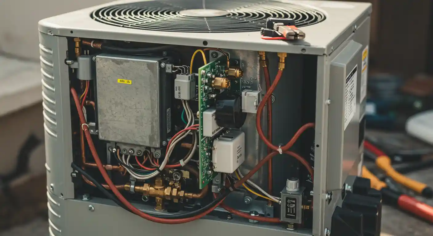A close-up view of an open heat pump unit, revealing its complex internal components. Visible elements include a large green circuit board with various electronic parts, copper tubing, electrical wiring in red, white, yellow, and black, and a metal box to the left. A fan is visible at the top of the unit. A tool with red handles is perched on the top edge of the unit, and other blurred tools are in the background.