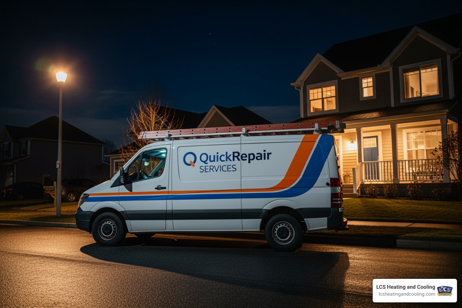 A service van parked outside a home at night, symbolizing 24/7 availability - 24 hour HVAC service