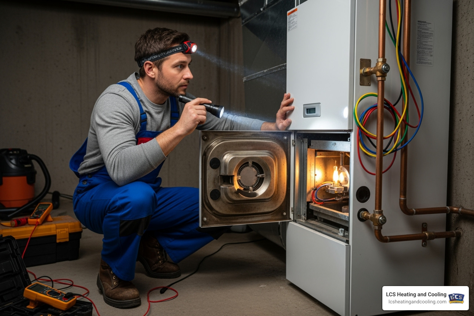 A technician inspecting a furnace with a flashlight, highlighting the need for professional assessment - 24 hour HVAC service