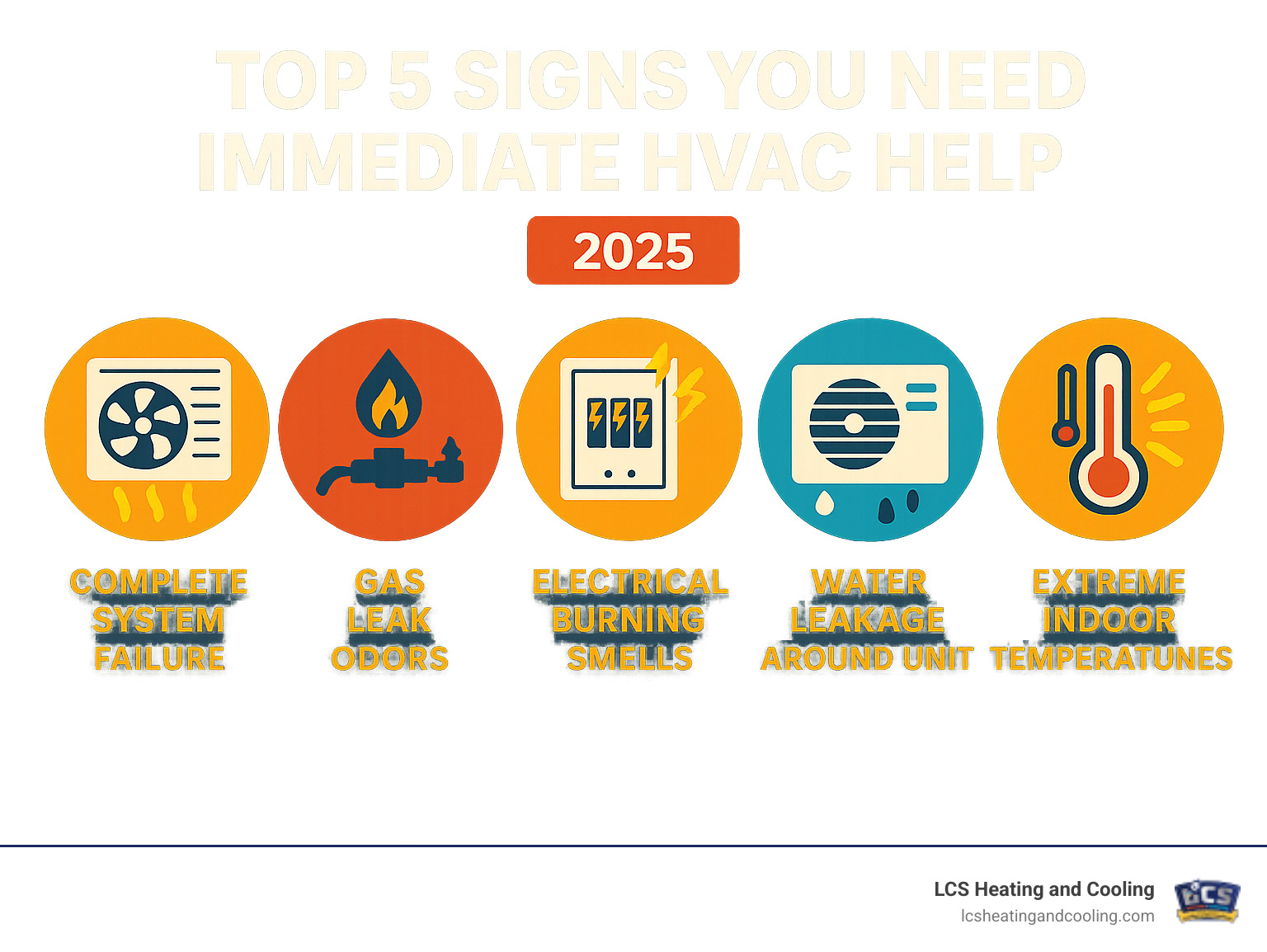 Infographic showing the top 5 signs you need immediate HVAC help: complete system failure, gas leak odors, electrical burning smells, water leakage around units, and extreme indoor temperatures posing health risks - 24 hour HVAC service infographic 