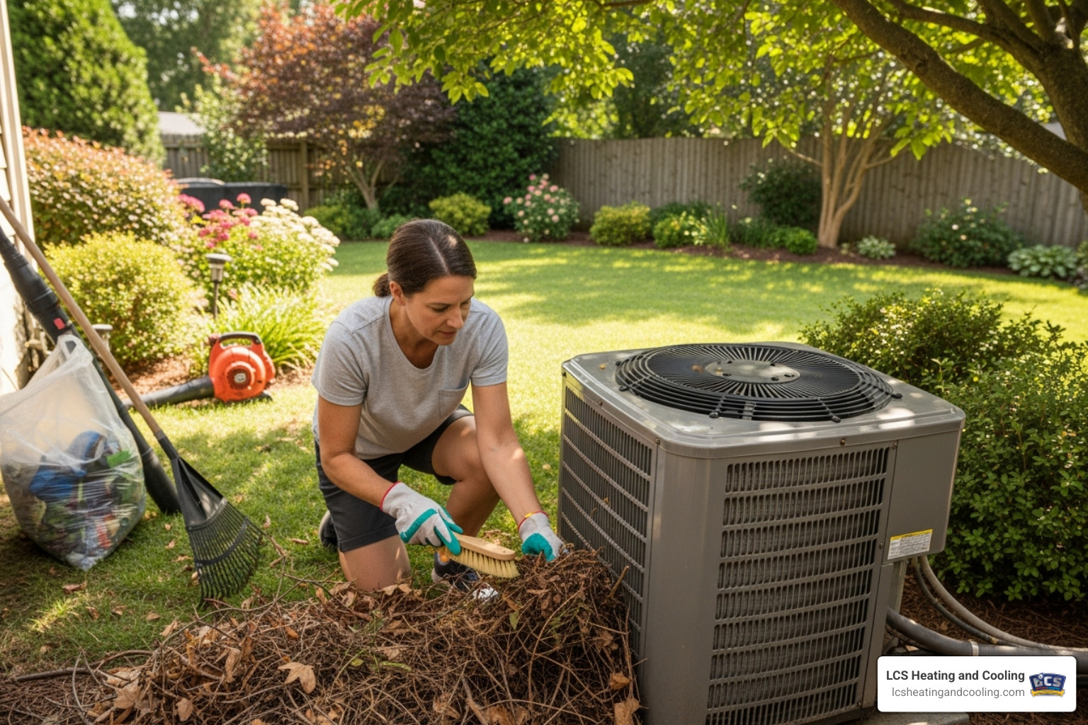 A homeowner clearing clutter away from their outdoor AC unit, demonstrating preparation for a service call - 24 hour HVAC service