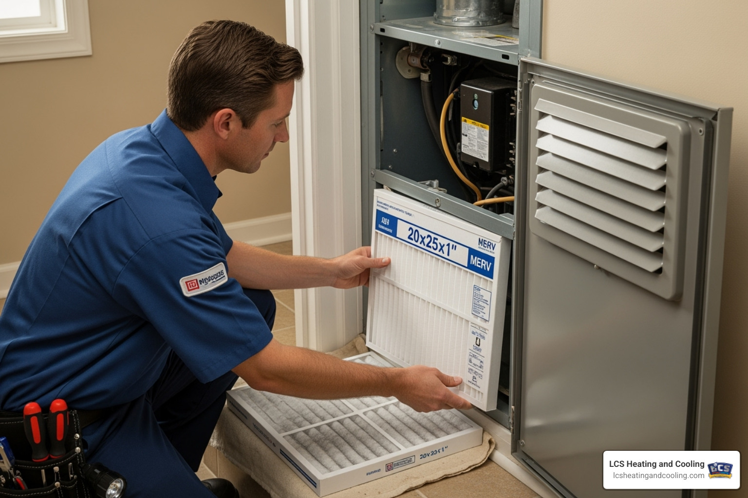 technician replacing a clean, high-MERV filter in an HVAC system - air quality solutions