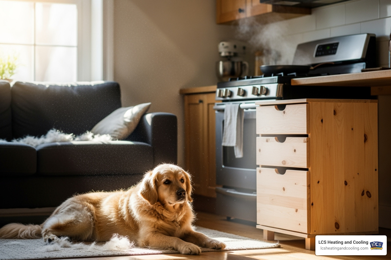illustrating various sources of indoor air pollution like pets, cooking fumes, and new furniture - air quality solutions