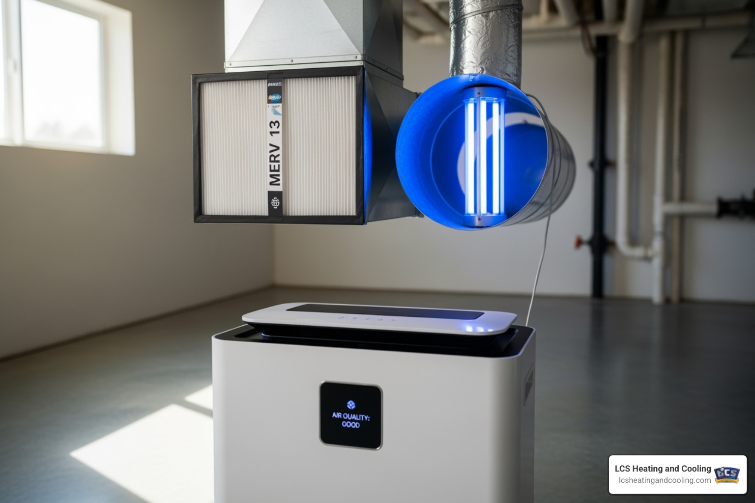 different types of air purification solutions offered by LCS Heating and Cooling (whole-home air purifiers, advanced HVAC filters, UV lamps) - air quality solutions