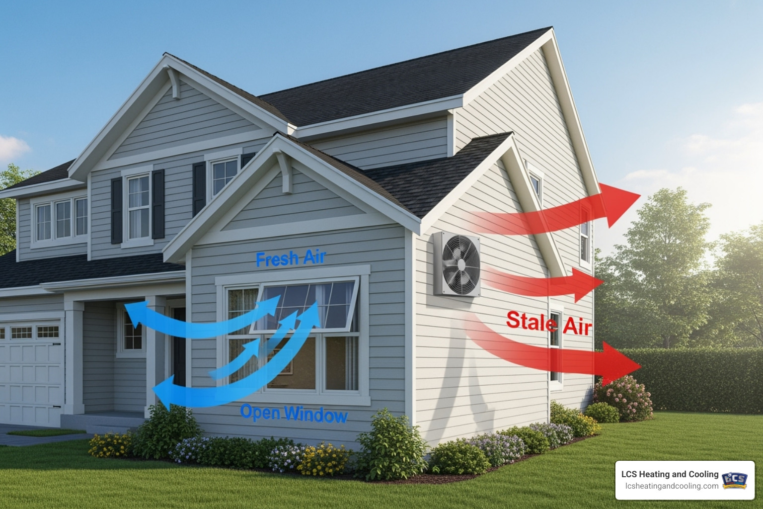 of a home with arrows showing airflow from an open window and an exhaust fan - air quality solutions