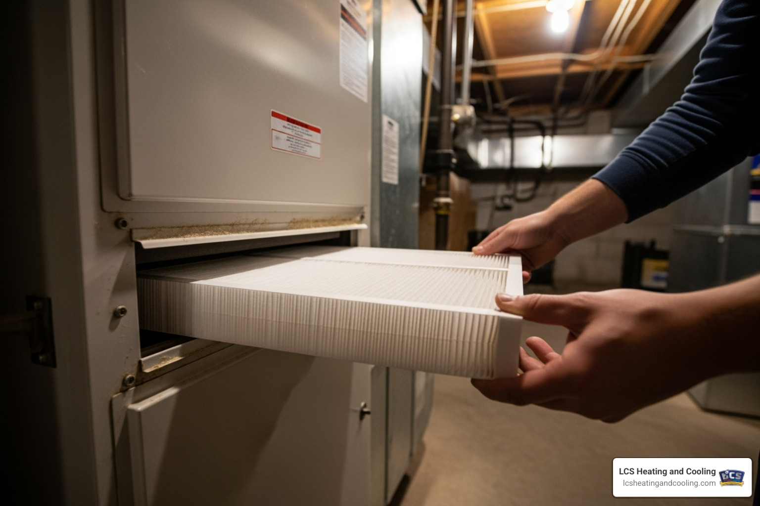Image of a homeowner sliding a new, clean filter into an HVAC unit - HVAC filter change