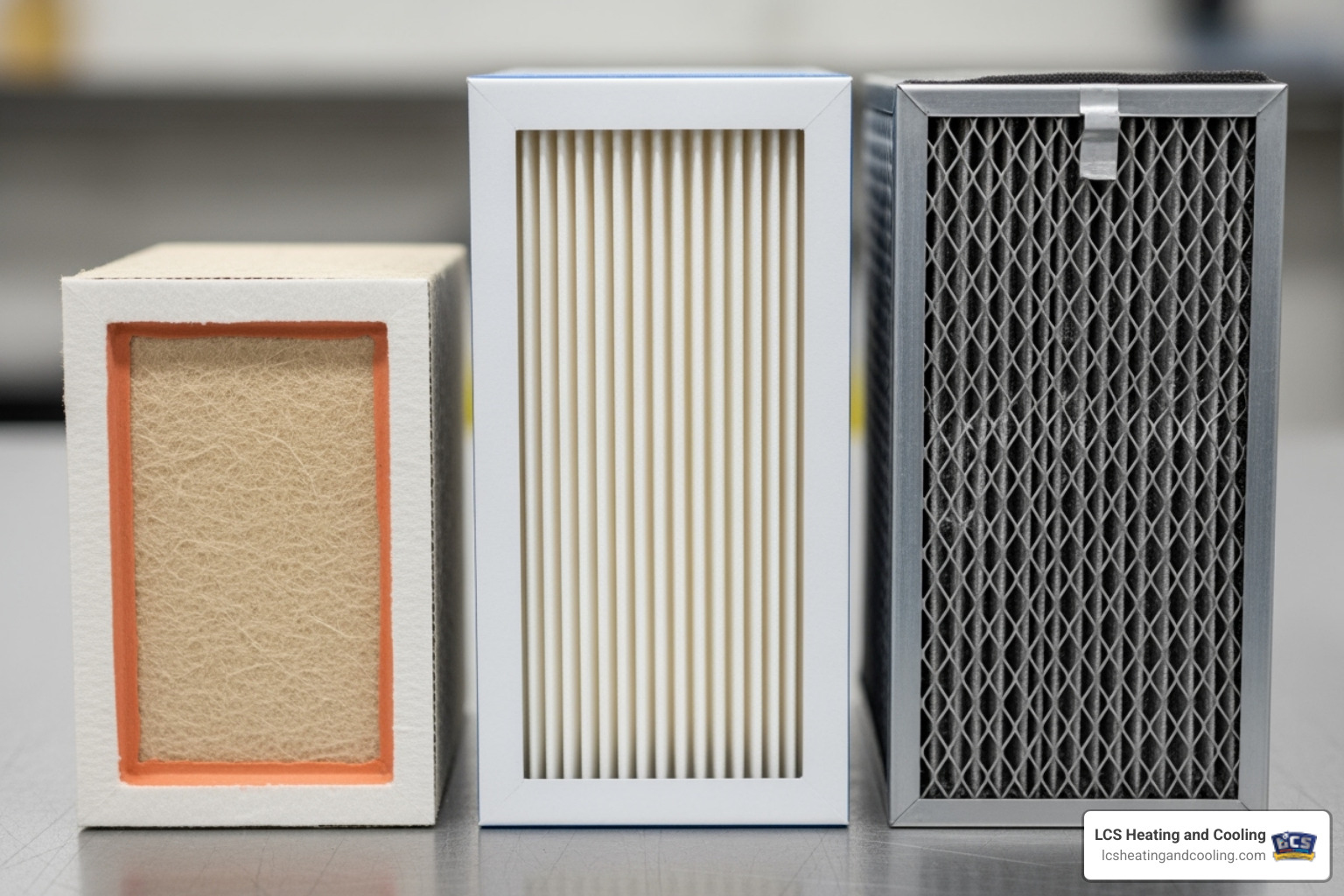 Image of different types of HVAC filters (fiberglass, pleated, washable) - HVAC filter change