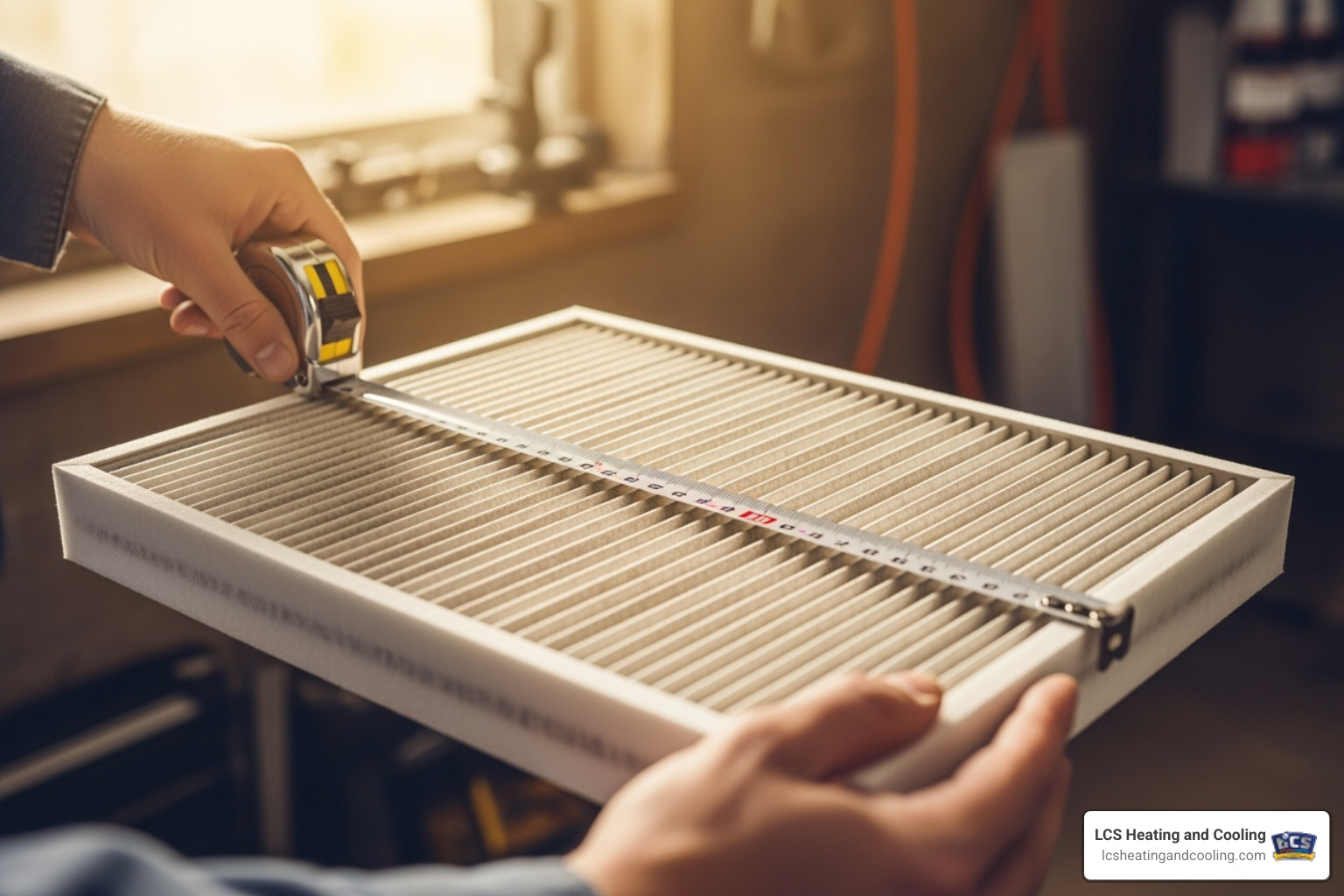 Image of a person measuring an HVAC filter with a tape measure - HVAC filter change