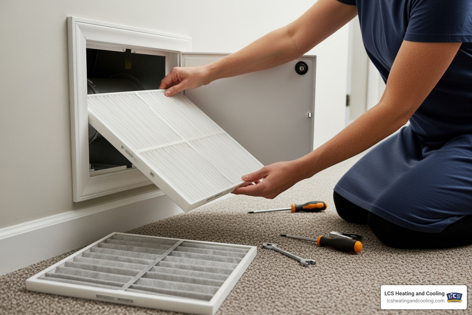 homeowner replacing clean HVAC air filter - clean air ducts