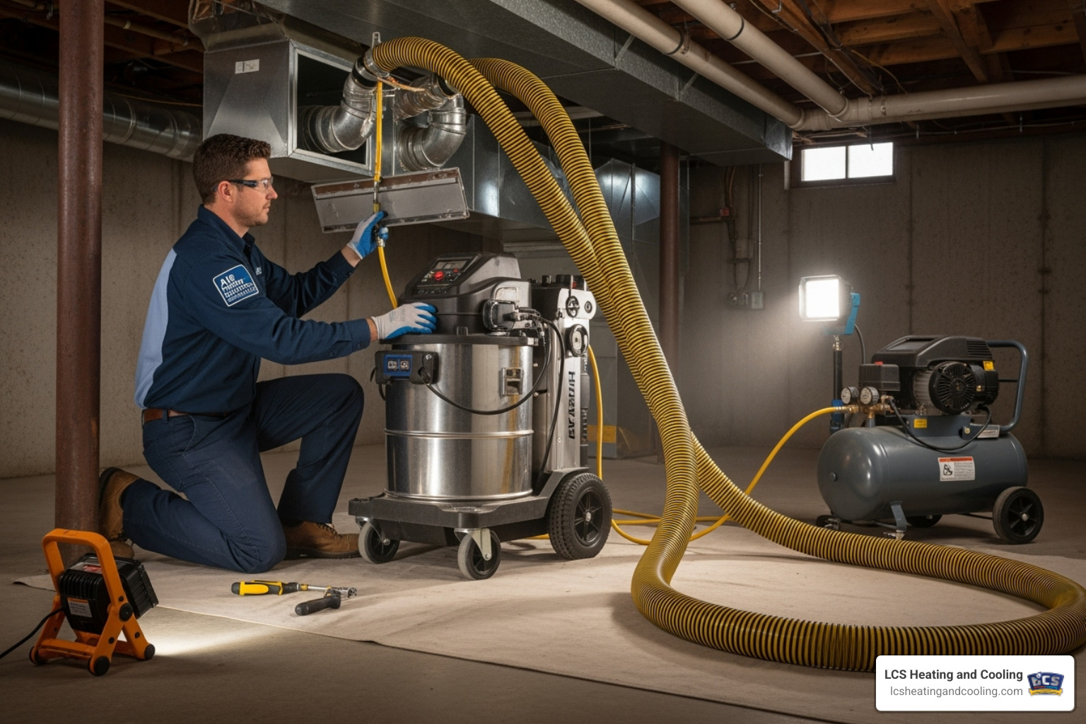 technician using high-powered vacuum system connected to ductwork - clean air ducts