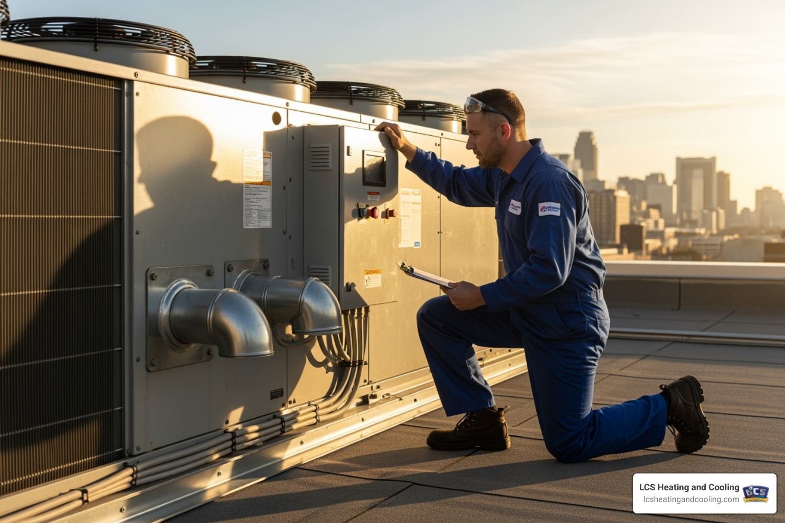 Uniformed technician inspecting an HVAC unit - duct cleaning indianapolis