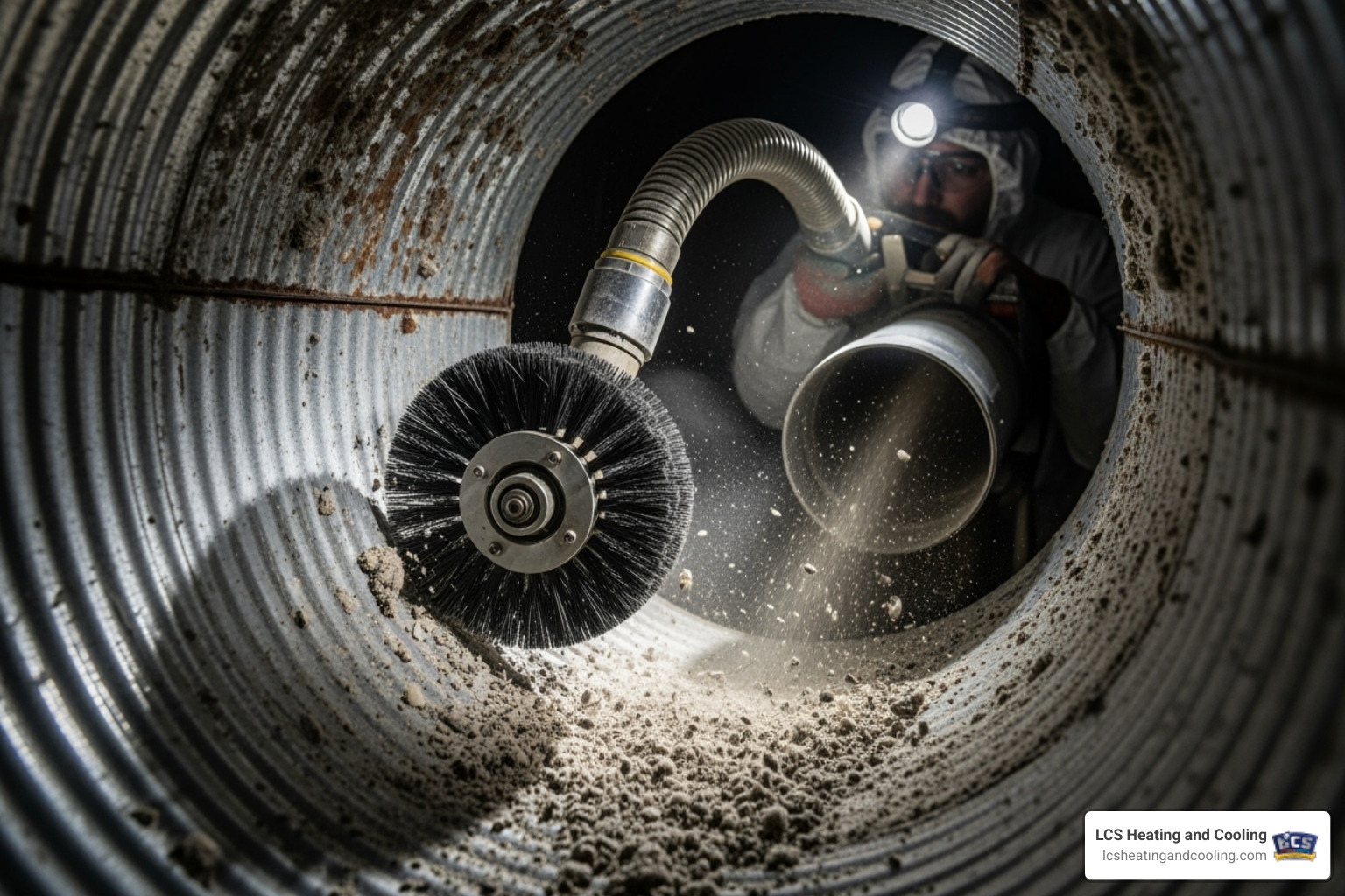 technician using a specialized brush tool inside a duct - air duct cleaners Indianapolis