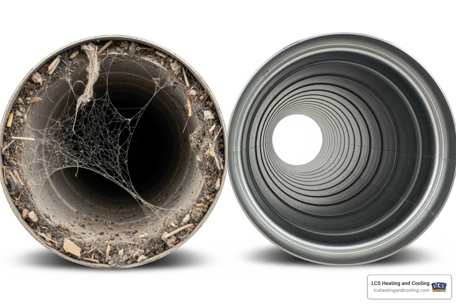 side-by-side comparison of a dirty air duct versus a clean one - air duct cleaners Indianapolis