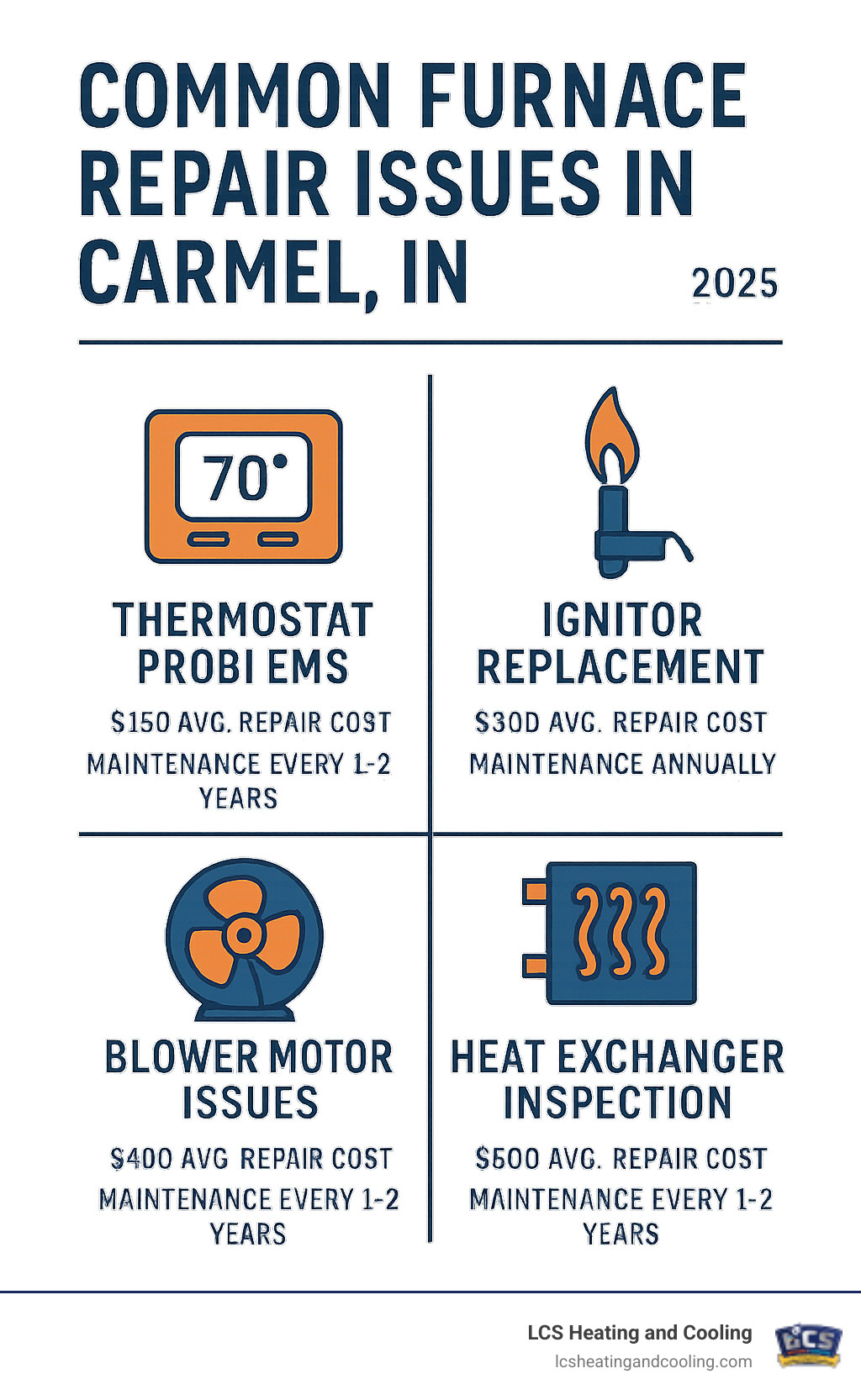 Common furnace repair issues in Carmel IN including thermostat problems, ignitor replacement, blower motor issues, and heat exchanger inspection with average repair costs and maintenance schedule recommendations - furnace repair Carmel IN infographic 