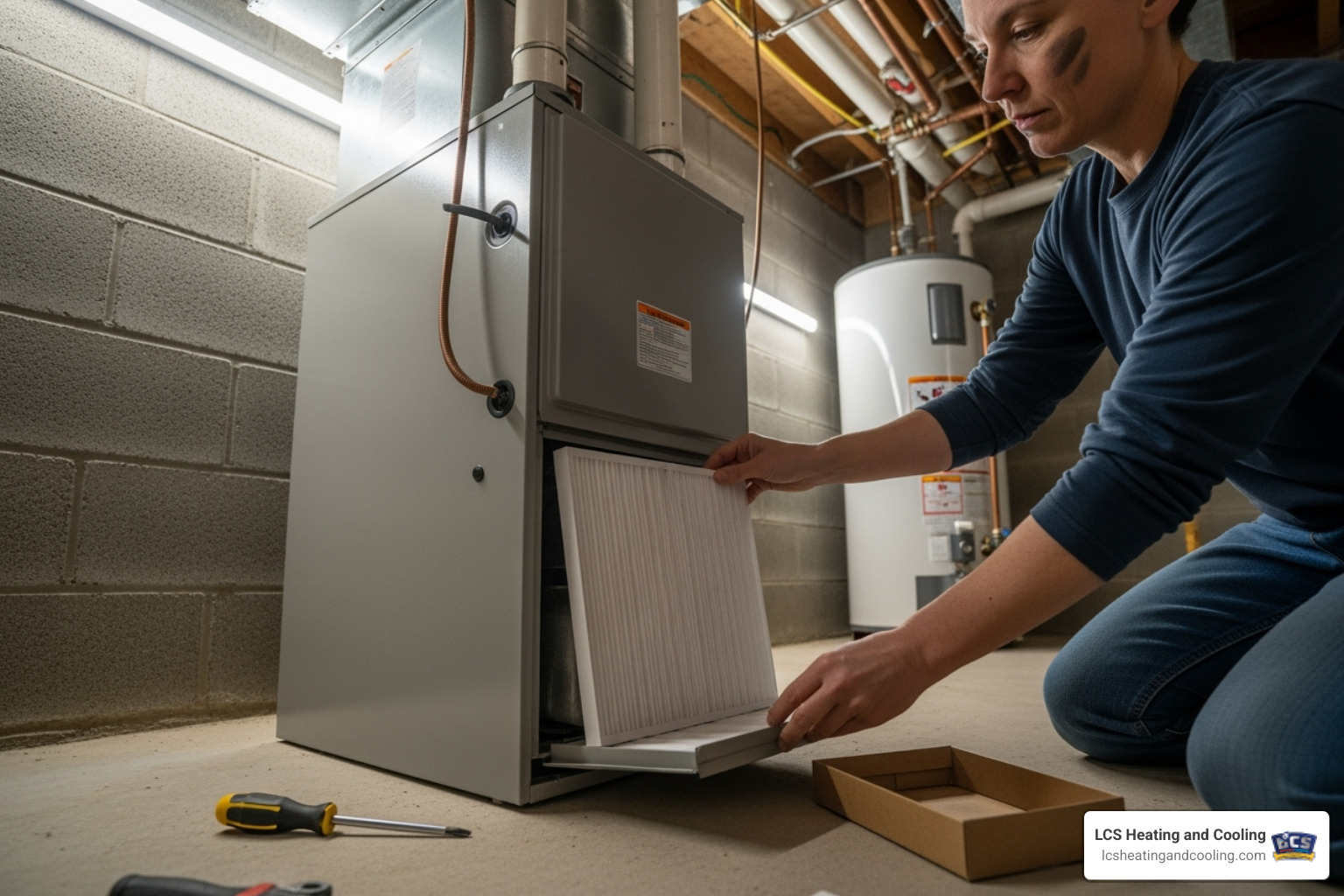 of a homeowner changing a furnace air filter - furnace repair Carmel IN