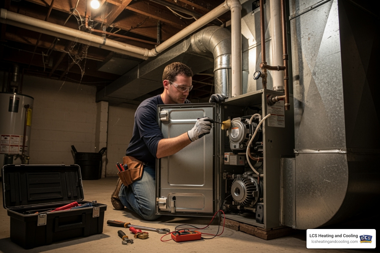 of a technician performing annual furnace maintenance - Furnace installation Fishers IN