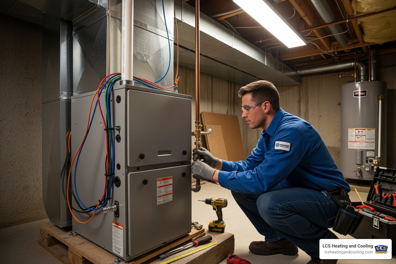 of a certified technician carefully installing a new furnace - Furnace installation Fishers IN