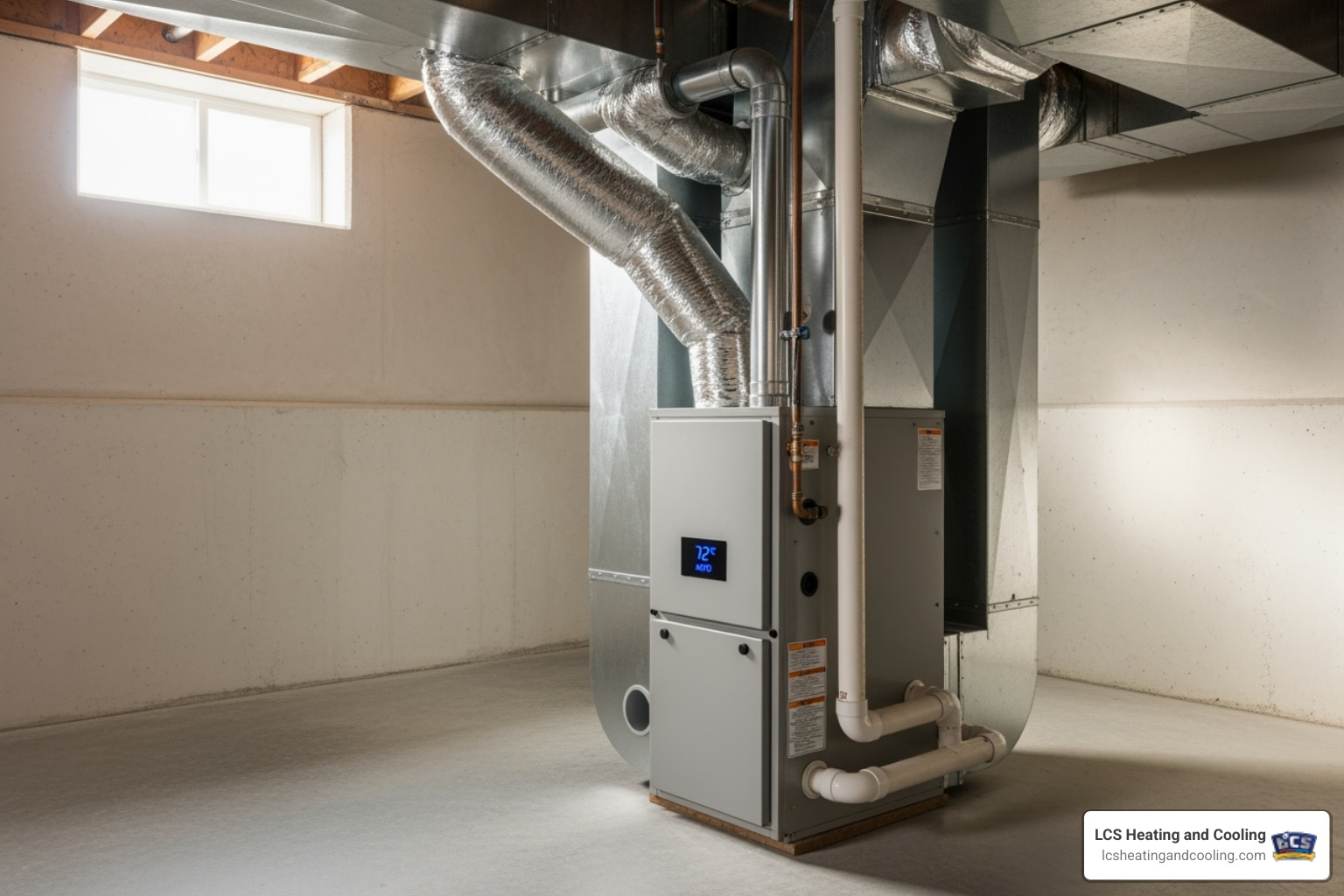 of a clean, modern furnace unit in a basement - Furnace installation Fishers IN