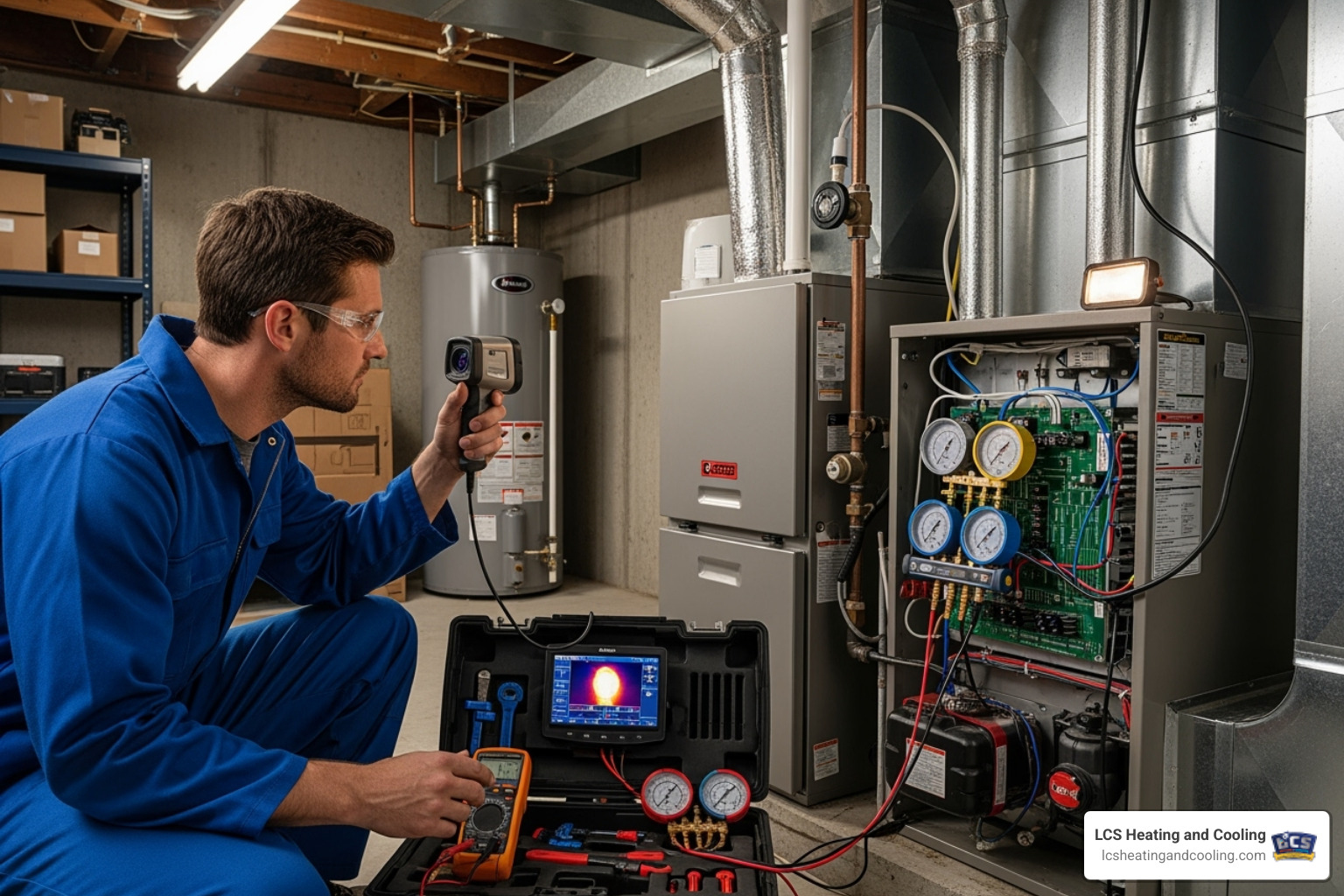 HVAC technician performing complex furnace diagnostics - furnace tune up