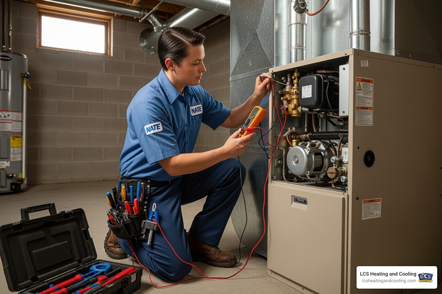 NATE-certified technician working on a furnace installation - furnace installation indianapolis