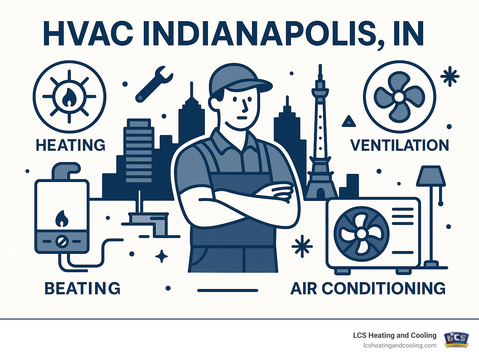 Comprehensive guide showing the differences between furnaces for winter heating, central air conditioners for summer cooling, and heat pumps that provide both heating and cooling year-round, with efficiency ratings and maintenance requirements for Indianapolis climate conditions - hvac indianapolis in infographic 
