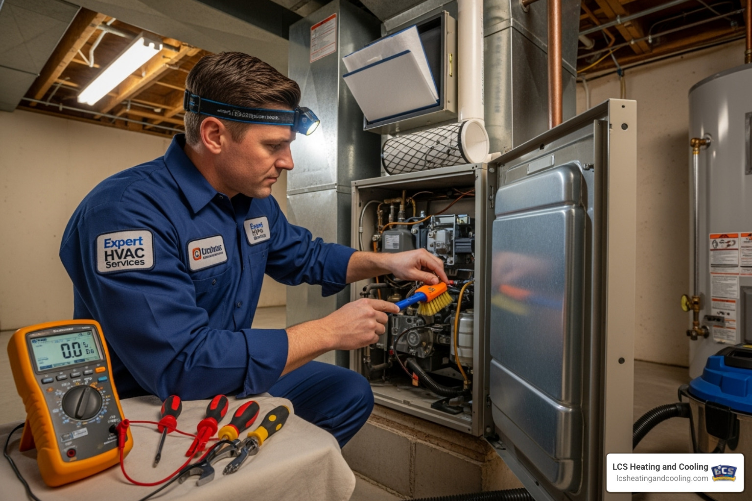 A skilled HVAC technician performing a thorough tune-up on a furnace, cleaning components and checking connections, highlighting the meticulous nature of preventative maintenance. - hvac indianapolis in