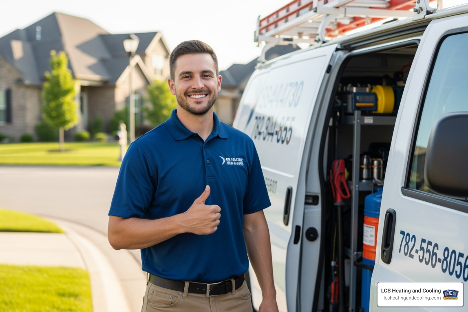 A friendly, professional HVAC technician in uniform, giving a thumbs up next to a branded service van, symbolizing trustworthiness and expertise. - hvac indianapolis in