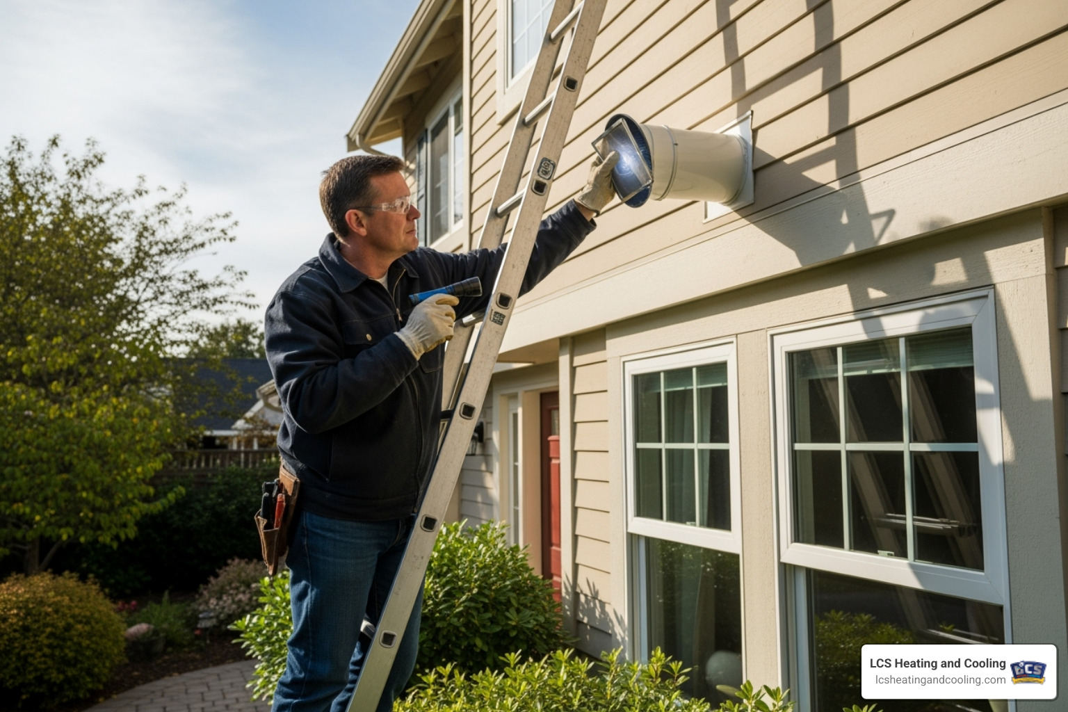 a homeowner safely looking at their furnace vent termination point outside - furnace exhaust pipe