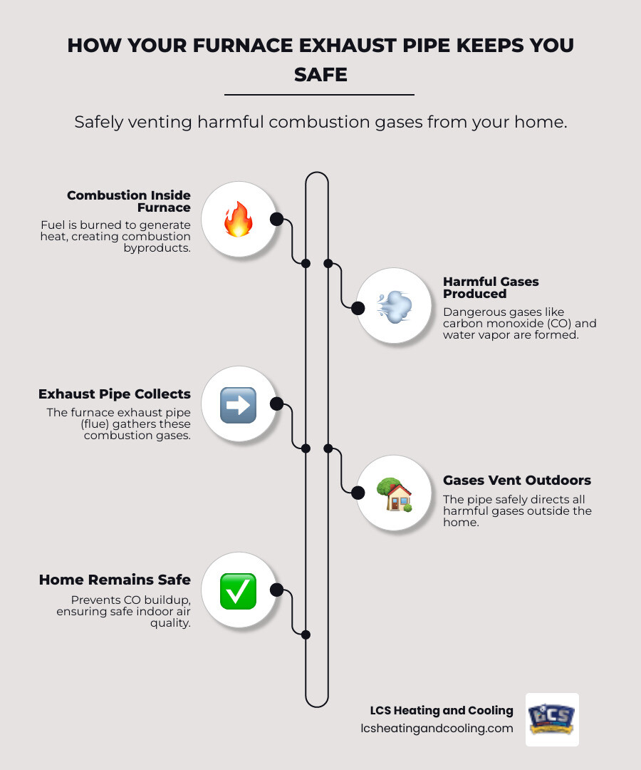 Infographic explaining how a furnace exhaust pipe safely vents harmful gases like CO out of the home - furnace exhaust pipe infographic infographic-line-5-steps-neat_beige