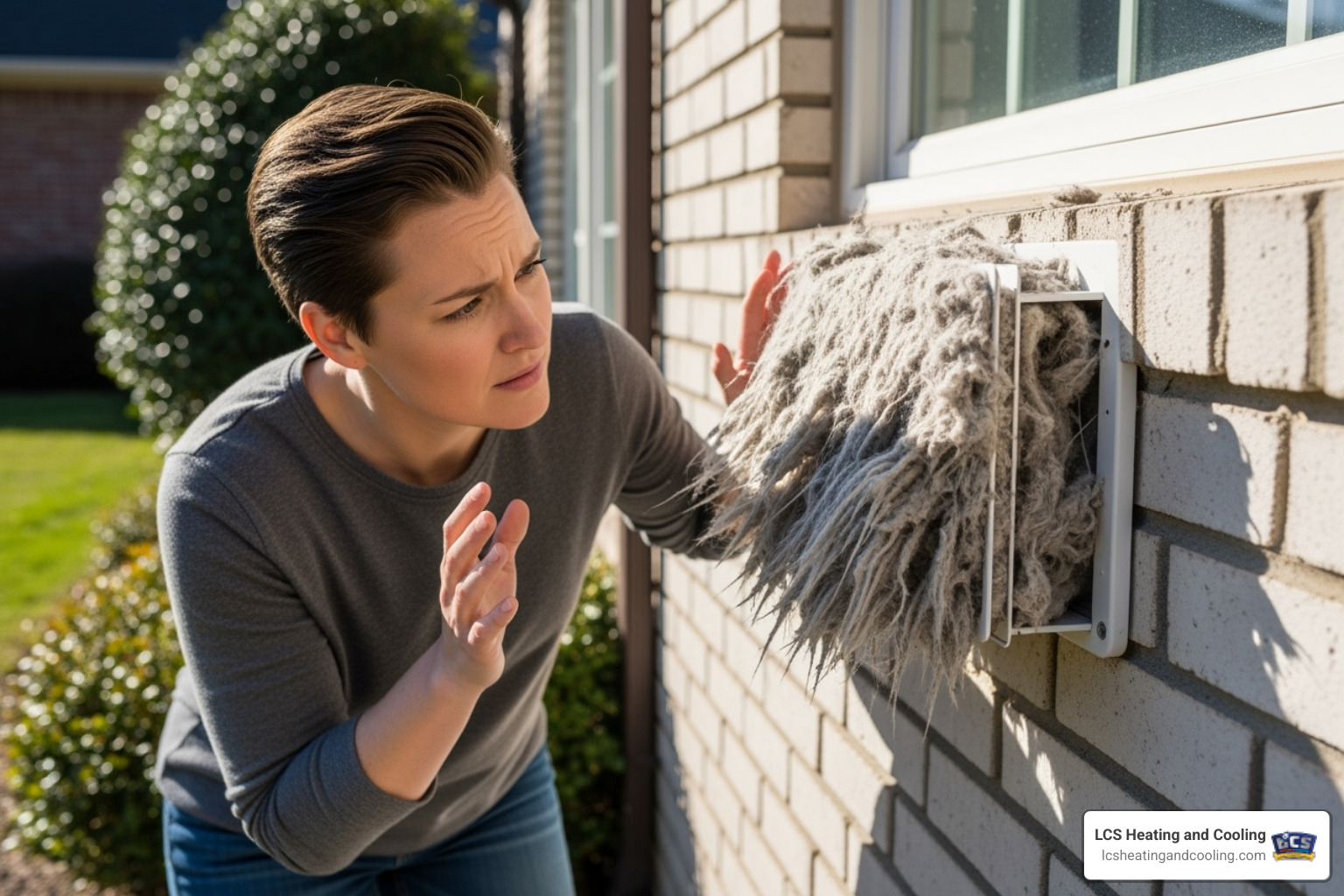 homeowner looking at an exterior dryer vent cover clogged with lint - dryer vent cleaning noblesville