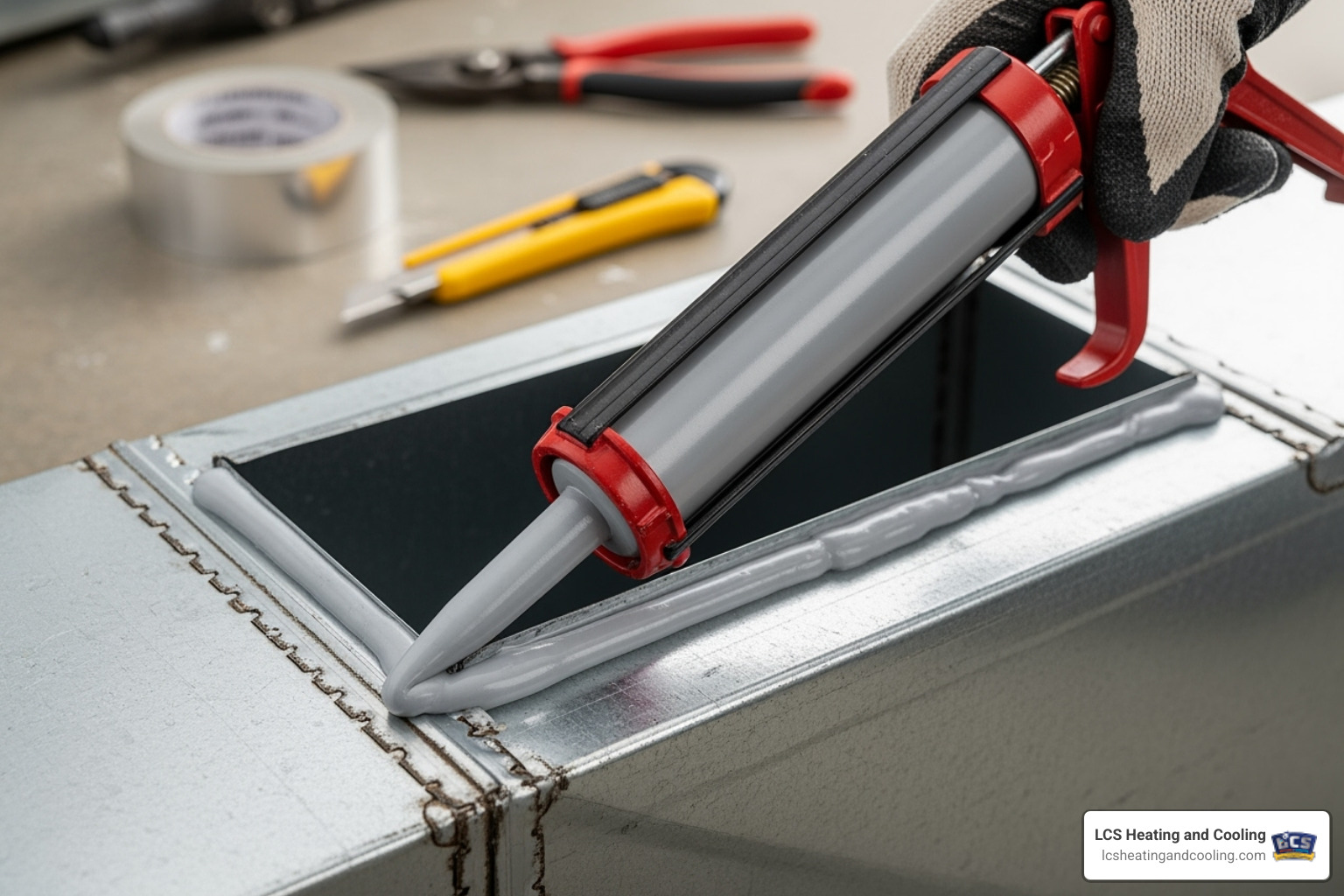A close-up image showing a leaky duct joint being sealed with mastic sealant, with tools like a caulk gun visible - air conditioning ducts