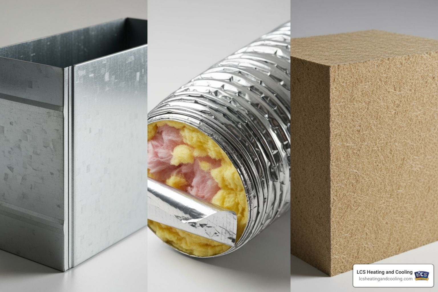 A visual comparison of different air conditioning duct materials, including flexible, sheet metal, and fiberboard ducts, highlighting their distinct textures and appearances - air conditioning ducts