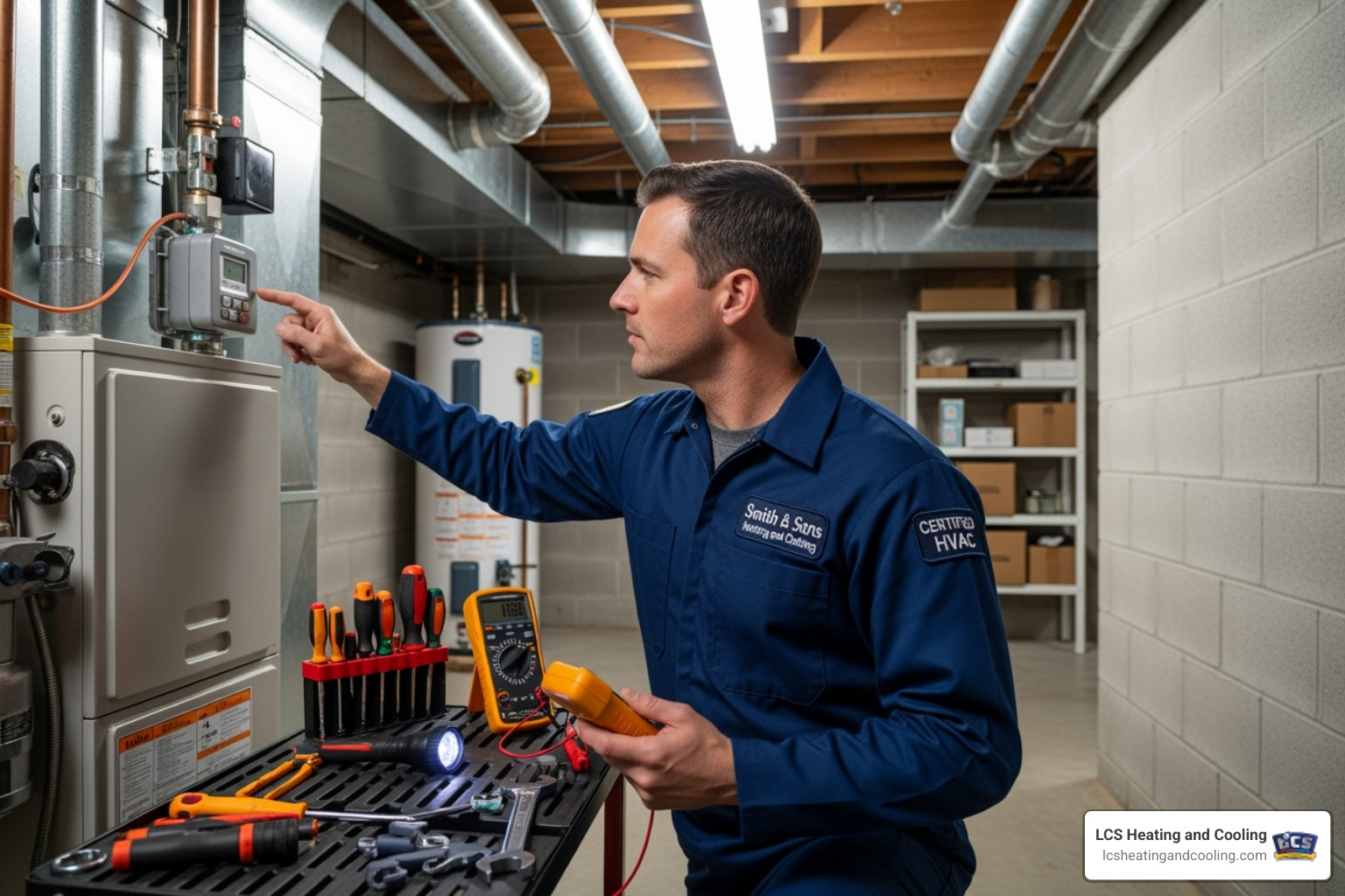 certified HVAC technician inspecting a furnace - residential furnace repair