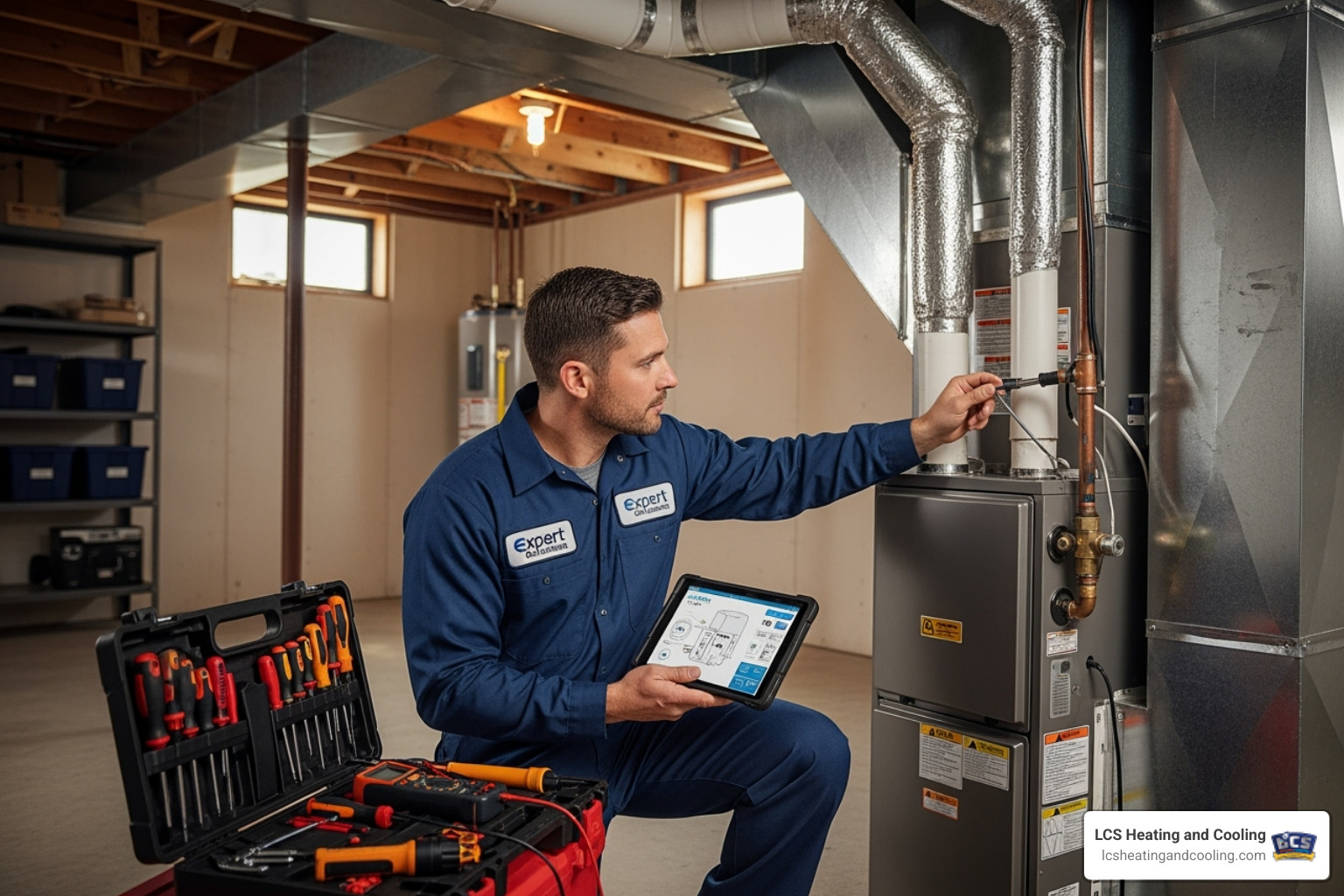 technician performing an in-home furnace evaluation - furnace shops near me