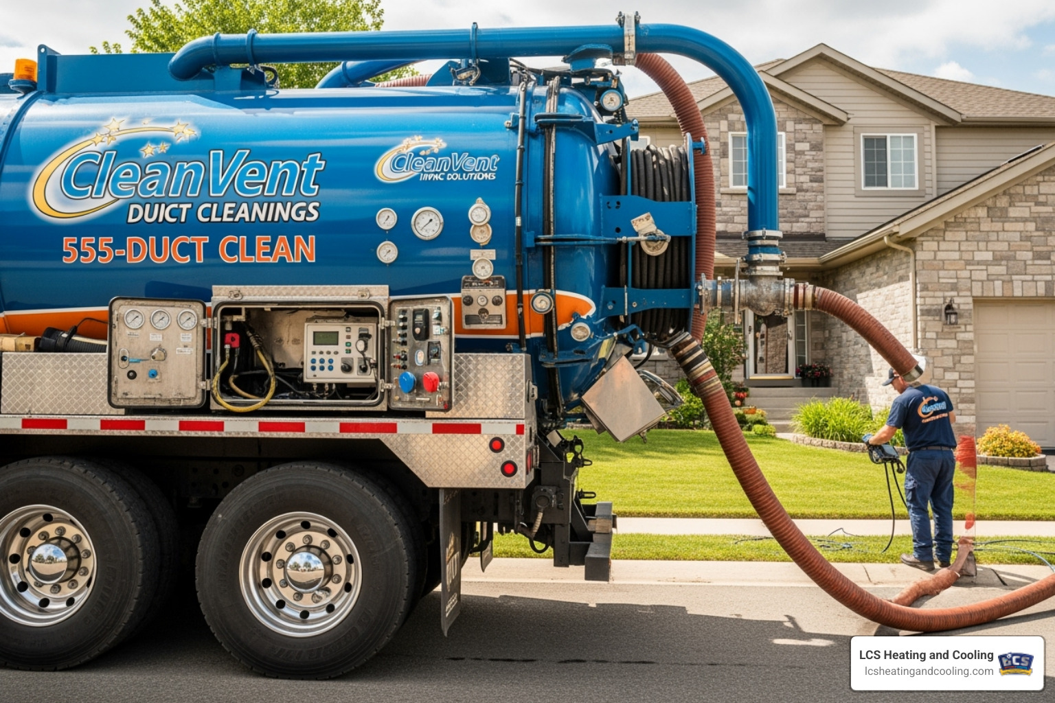 large vacuum truck with a hose connected to a home's ductwork - HVAC system cleaning large vacuum truck with a hose connected to a home's ductwork - HVAC system cleaning