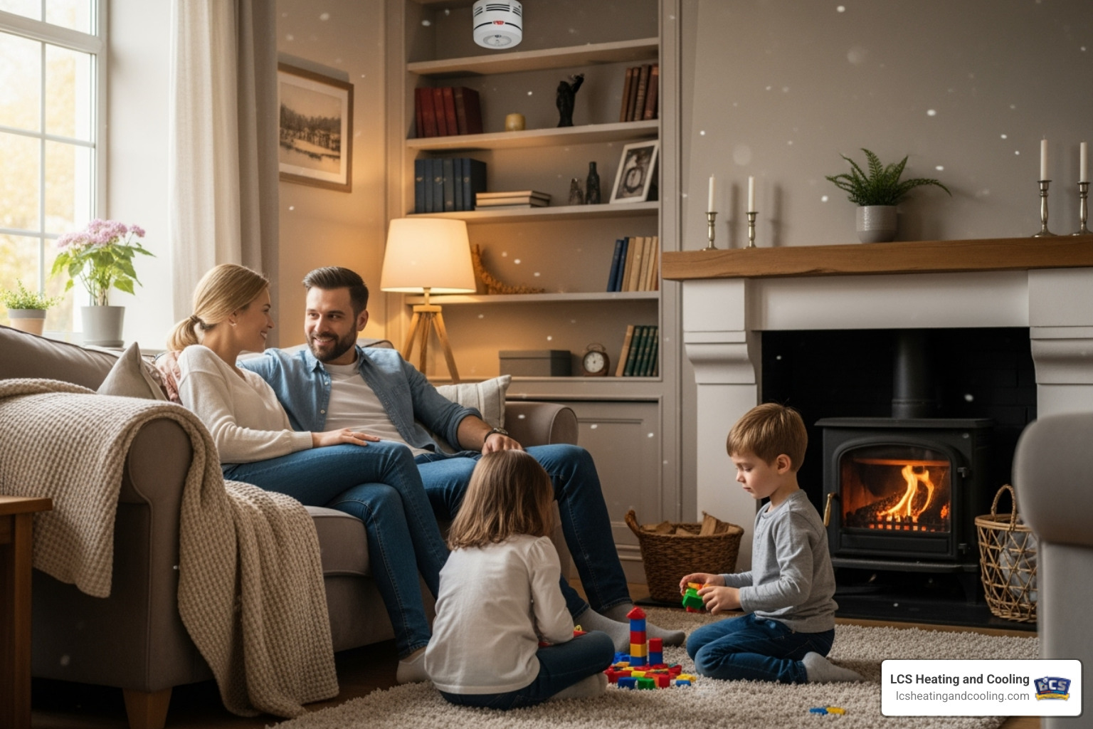 family safely enjoying their living room with a visible CO detector - carbon monoxide detector