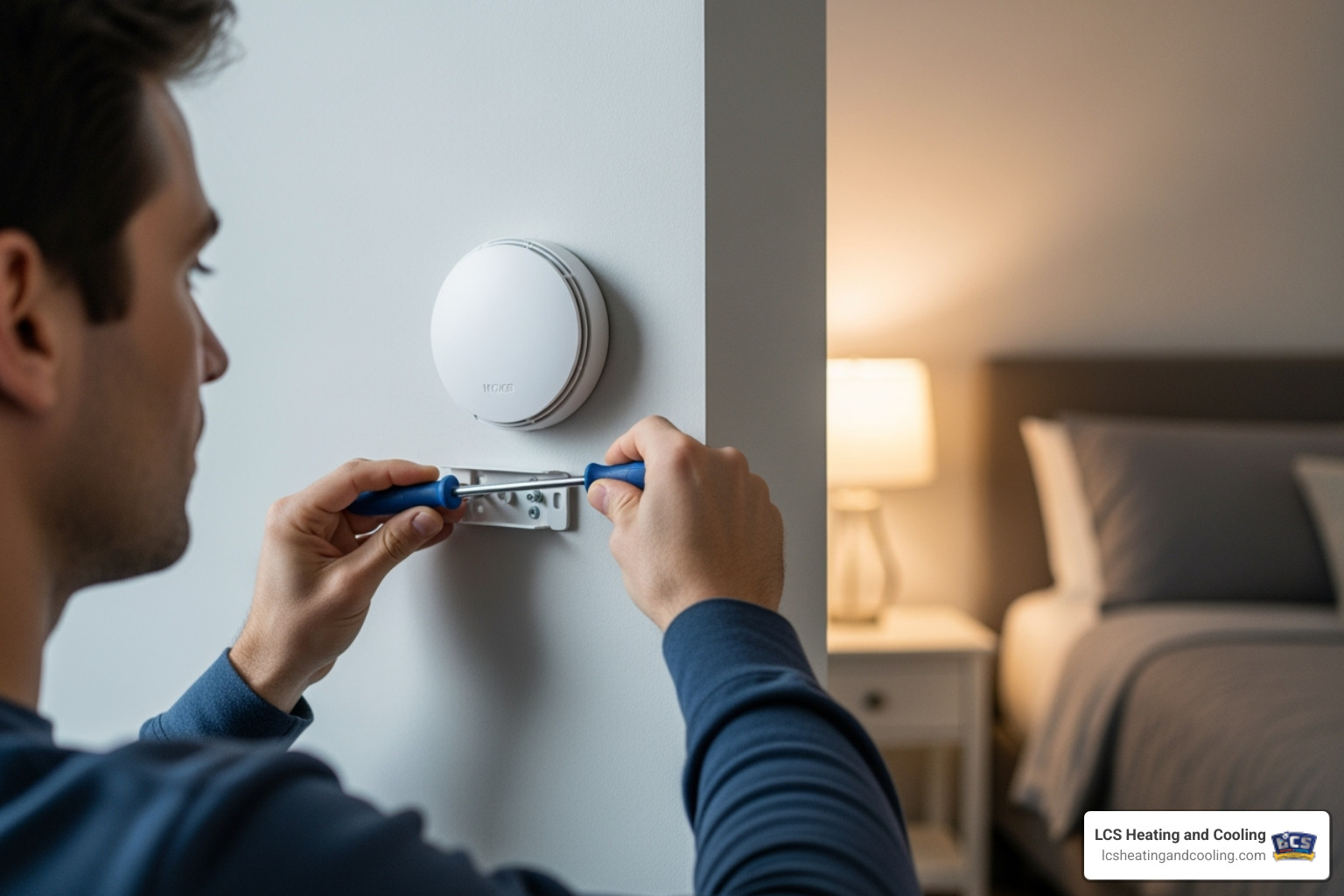 person installing a CO detector on a wall near a bedroom - carbon monoxide detector